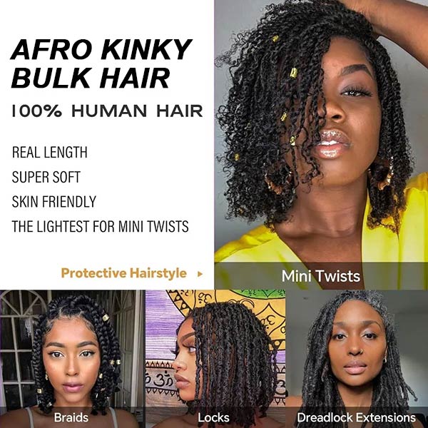 Afro Kinky Bulk Hair For Braiding 100% Human Hair Afro Bulk Hair For Locs Natural Black-MBW43