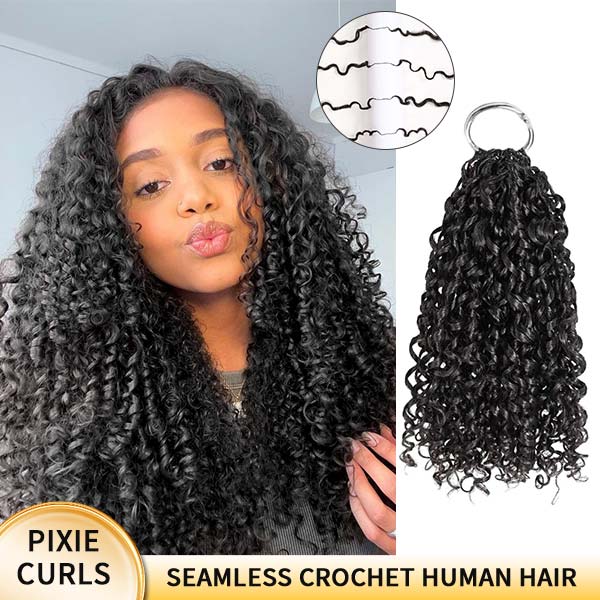 【Seamless Crochet Braids Hair】Pixie Curls Knotless Pre-Looped 100% Crochet Human Hair Extensions for Easy Install MBW60