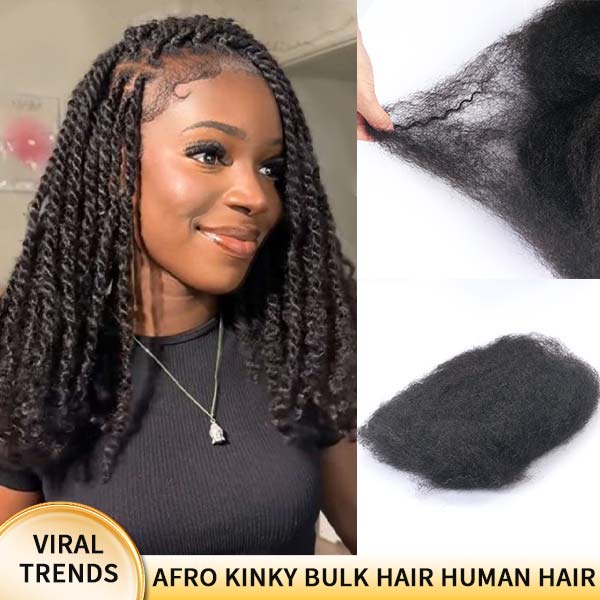 Afro Kinky Bulk Hair For Braiding 100% Human Hair Afro Bulk Hair For Locs Natural Black-MBW43