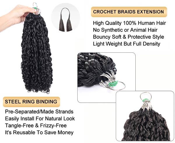 【Seamless Crochet Braids Hair】Pixie Curls Knotless Pre-Looped 100% Crochet Human Hair Extensions for Easy Install MBW60