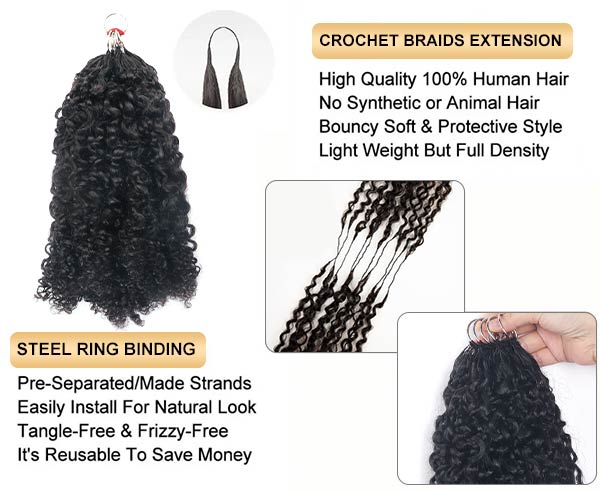 【Seamless Crochet Braids Hair】Kinky Coily Curly Knotless Pre-Looped 100% Crochet Human Hair Extensions for Easy Install MBW59