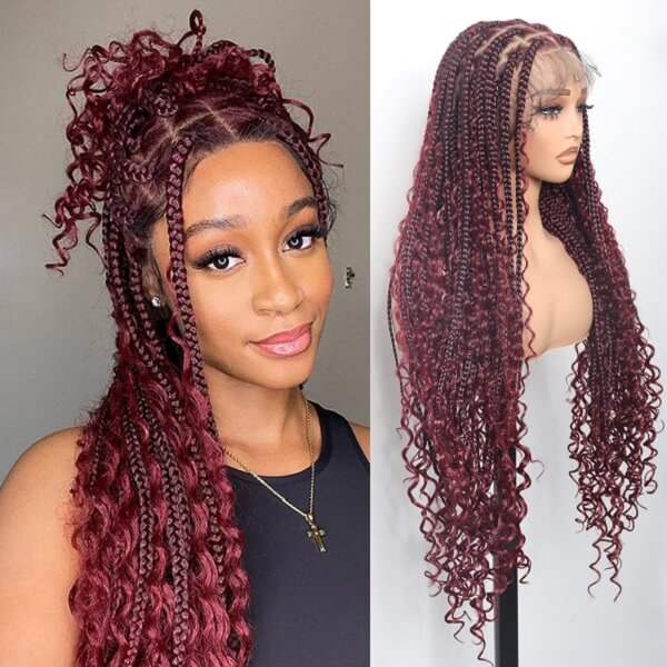 Boho Knotless Braids Invisible Tiny Knots Full HD Lace Braided Wig For Black Women Tangle-free Curly Ends 36Inch-MBW29