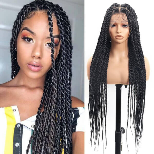 Full HD Lace Twisted Wig Invisible Tiny Knots Full Hand Tied Senegalese Twists Braided Wig 36 Inch-MBW34