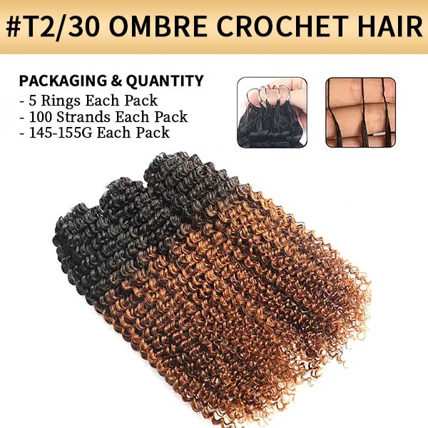 【Knotless Pre-looped Crochet Braids】#T2/30 Ombre Kinky Curly Crochet Human Hair Extensions Easy Install MBW57