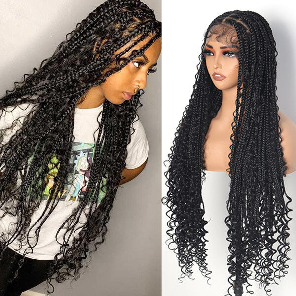 Boho Knotless Braids Invisible Tiny Knots Full HD Lace Braided Wig For Black Women Tangle-free Curly Ends 36Inch-MBW29