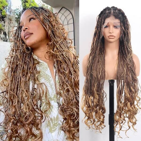 Ombre Blonde Boho Braided Wig Bohemian French Curl Braids Full HD Lace 36 Inch-MBW37