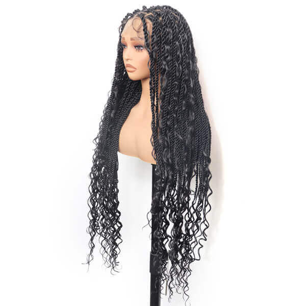 Boho Twisted Wig Full HD Lace PreBleached Knots Senegalese Twists Braided Wig With Tangle-free Curls 36"-MBW35