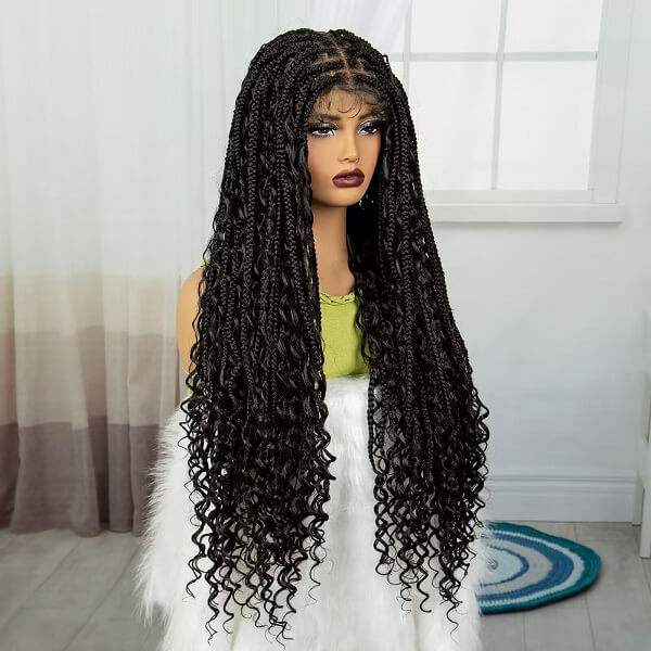 Knotless Bohemian Box Braids Wig With Curly Ends Tangle Less Full Lace Braided Wig 36 Inch-MBW26