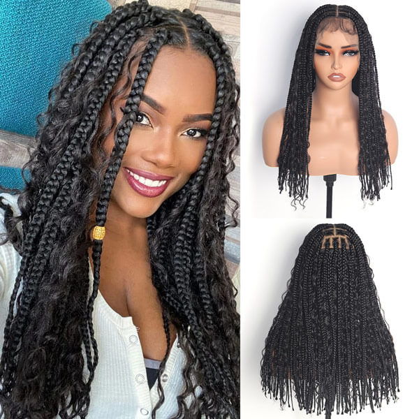 Invisible Knots HD Full Lace Mid-bob Boho Braids Wig With Tangleless Curls Braided Wig For Black Women 18 Inch-MBW28