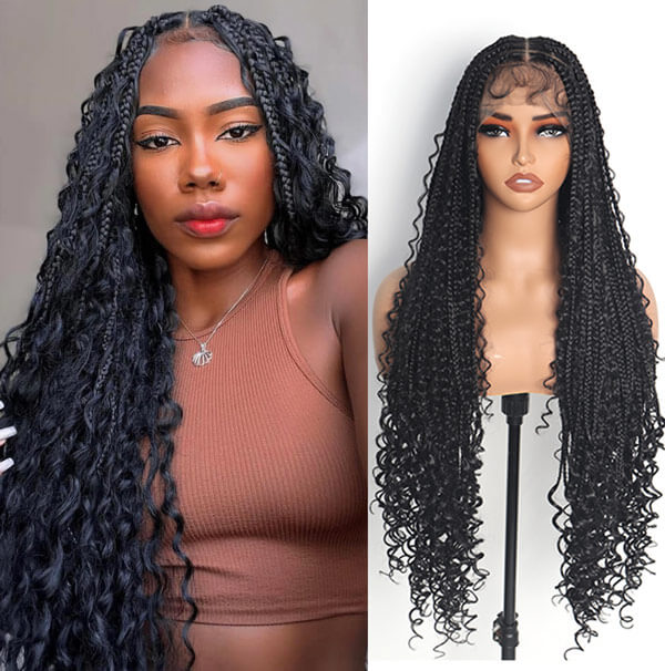 Boho Knotless Braids Invisible Tiny Knots Full HD Lace Braided Wig For Black Women Tangle-free Curly Ends 36Inch-MBW29