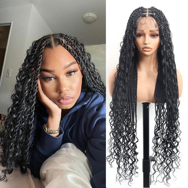 Boho Twisted Wig Full HD Lace PreBleached Knots Senegalese Twists Braided Wig With Tangle-free Curls 36"-MBW35