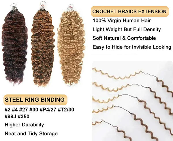 【Seamless Crochet Braids】#2 #4 #27 #30 #P4/27 #T2/30 Burmese Curly Soft Feather Crochet Hair Micro Ring Loop 100% Human Hair MBW54