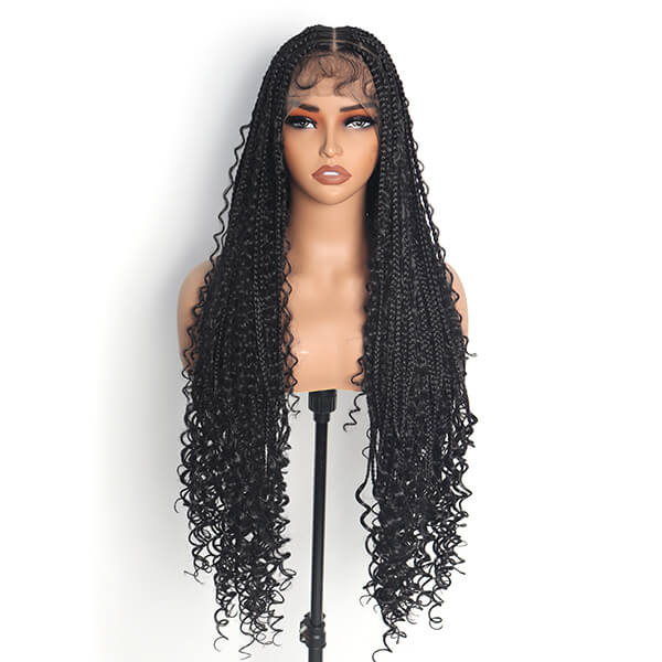 Boho Knotless Braids Invisible Tiny Knots Full HD Lace Braided Wig For Black Women Tangle-free Curly Ends 36Inch-MBW29