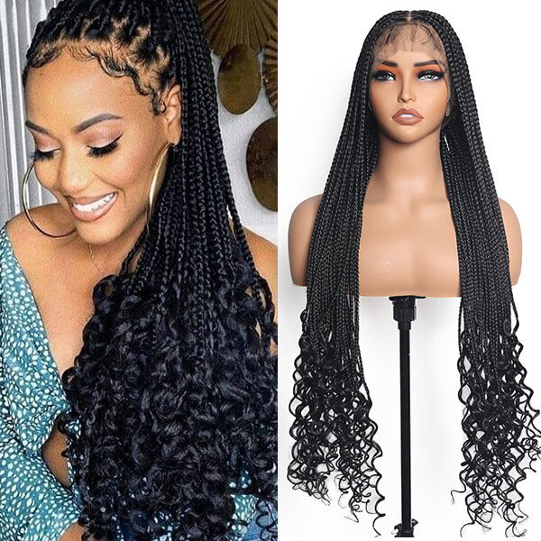 Hand-tied Invisi-Knot HD Full Lace Goddess Braid Wig Knotless Box Braids With Tangleless Curly Ends 36 Inch-MBW27