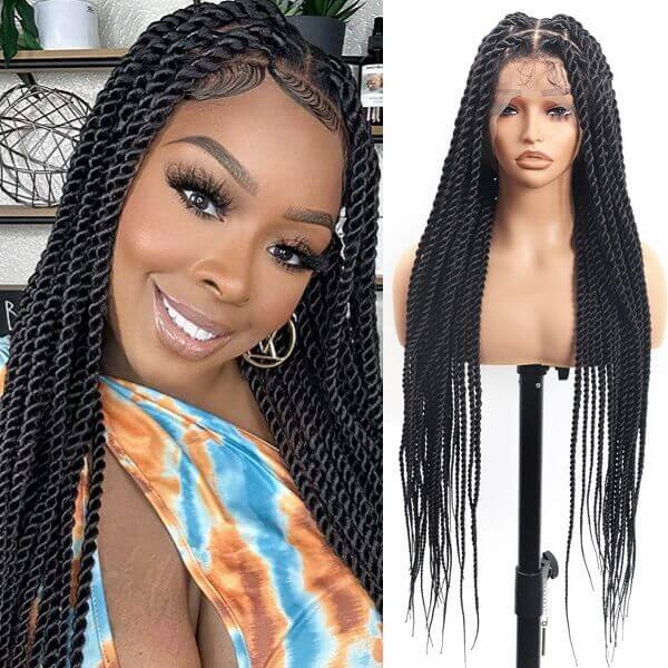 Full HD Lace Twisted Wig Invisible Tiny Knots Full Hand Tied Senegalese Twists Braided Wig 36 Inch-MBW34