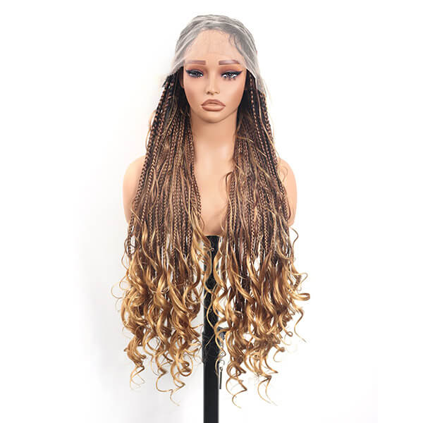 Ombre Blonde Boho Braided Wig Bohemian French Curl Braids Full HD Lace 36 Inch-MBW37