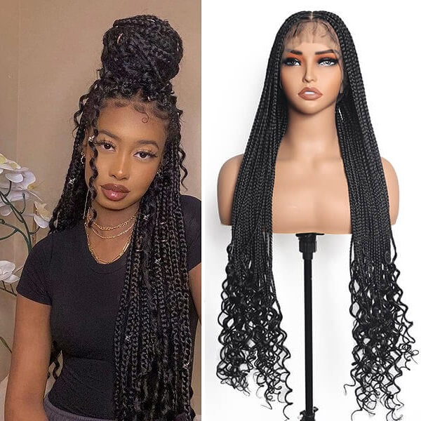 Hand-tied Invisi-Knot HD Full Lace Goddess Braid Wig Knotless Box Braids With Tangleless Curly Ends 36 Inch-MBW27