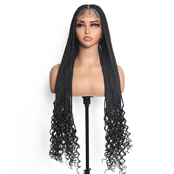 Hand-tied Invisi-Knot HD Full Lace Goddess Braid Wig Knotless Box Braids With Tangleless Curly Ends 36 Inch-MBW27