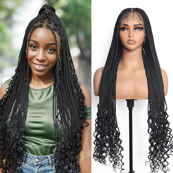 Hand-tied Invisi-Knot HD Full Lace Goddess Braid Wig Knotless Box Braids With Tangleless Curly Ends 36 Inch-MBW27