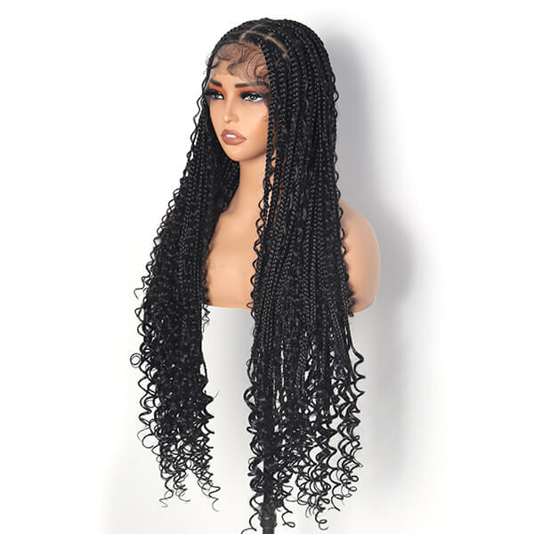 Boho Knotless Braids Invisible Tiny Knots Full HD Lace Braided Wig For Black Women Tangle-free Curly Ends 36Inch-MBW29
