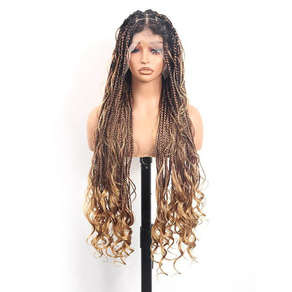 Ombre Blonde Boho Braided Wig Bohemian French Curl Braids Full HD Lace 36 Inch-MBW37
