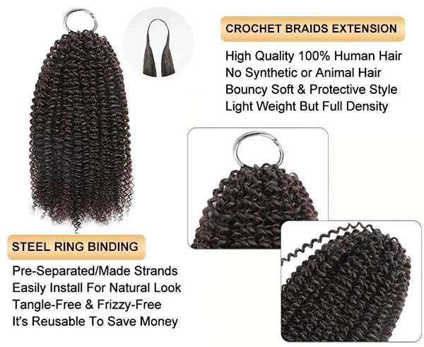 【Seamless Crochet Braids Hair】Afro Kinky Curly Knotless Pre-Looped 100% Crochet Human Hair Extensions for Easy Install MBW58