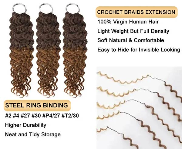【Seamless Crochet Braids】#2 #4 #27 #30 #P4/27 #T2/30 Water Wave Soft Feather Crochet Hair Micro Ring Loop 100% Human Hair MBW55