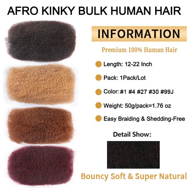 Afro Kinky Bulk Human Hair Extension For Braiding Twists Locs 50G/Pack -MBW43