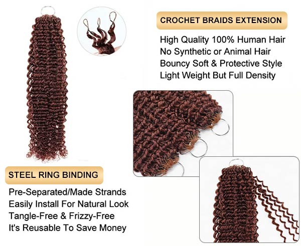 【Knotless Pre-looped Crochet Braids】#33 Reddish Brown Crochet Human Hair Extensions Easy Install MBW61