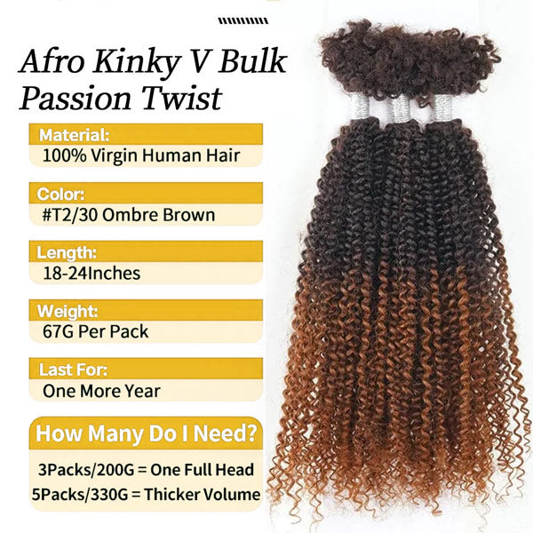 Passion Twist Ombre Color Human Afro Kinky Bulk Curly Hair for Crochet Braiding Twist MBW47
