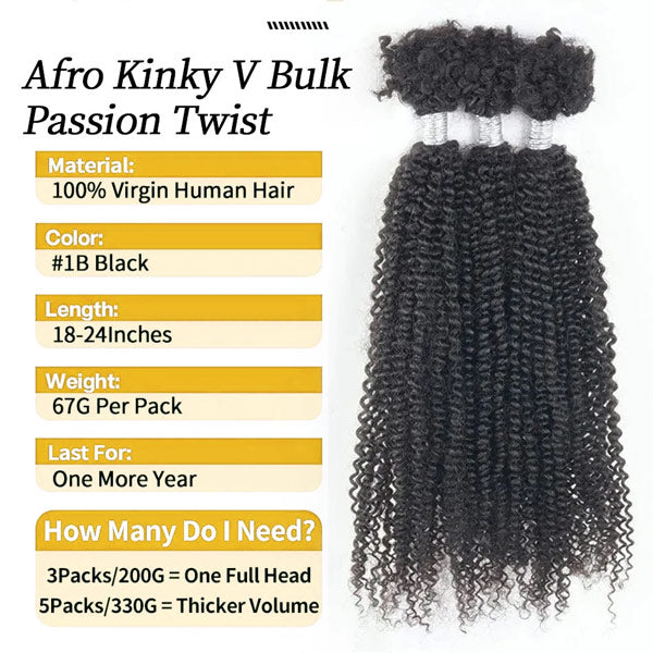 Passion Twist Human Afro Kinky Bulk Curly Hair for Spring Twist Crochet Braiding Hair MBW46