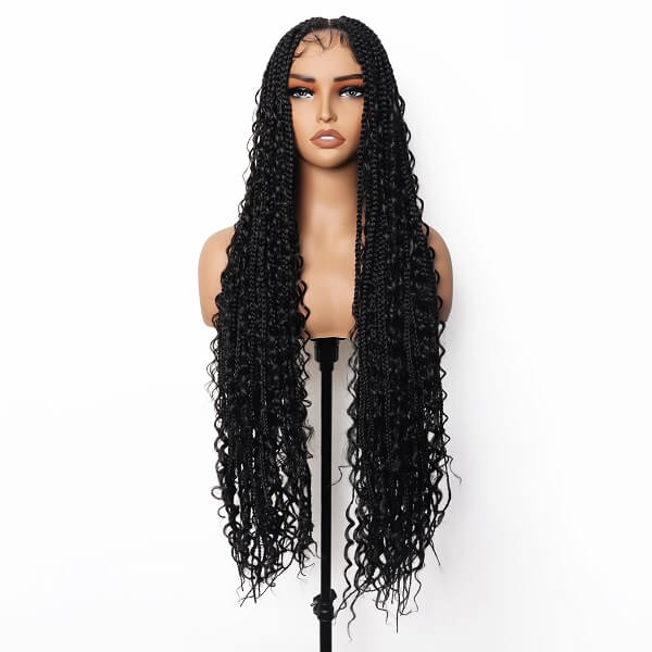 Knotless Bohemian Box Braids Wig With Curly Ends Tangle Less Full Lace Braided Wig 36 Inch-MBW26