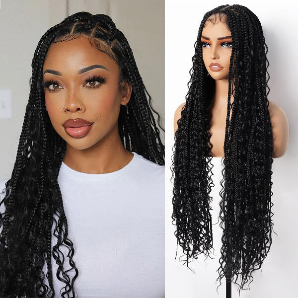 Knotless Bohemian Box Braids Wig With Curly Ends Tangle Less Full Lace Braided Wig 36 Inch-MBW26