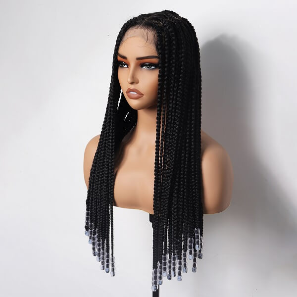 Hand-tied Box Braided Wig 20" Tribal Braids Knotless Box Braids With Beads Full HD Lace Wig-MBW04