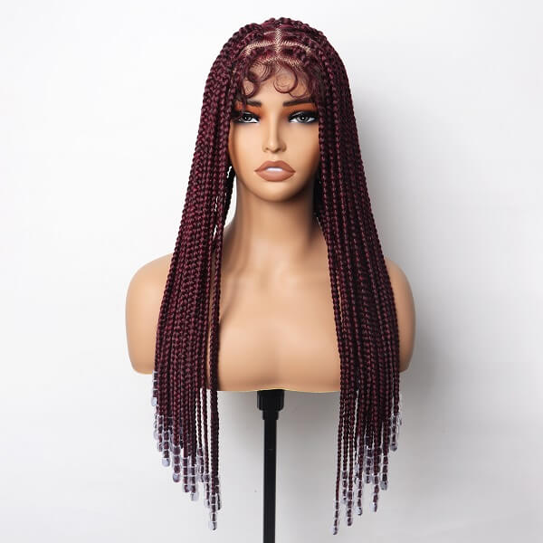 burgundy red box braided wig with beads