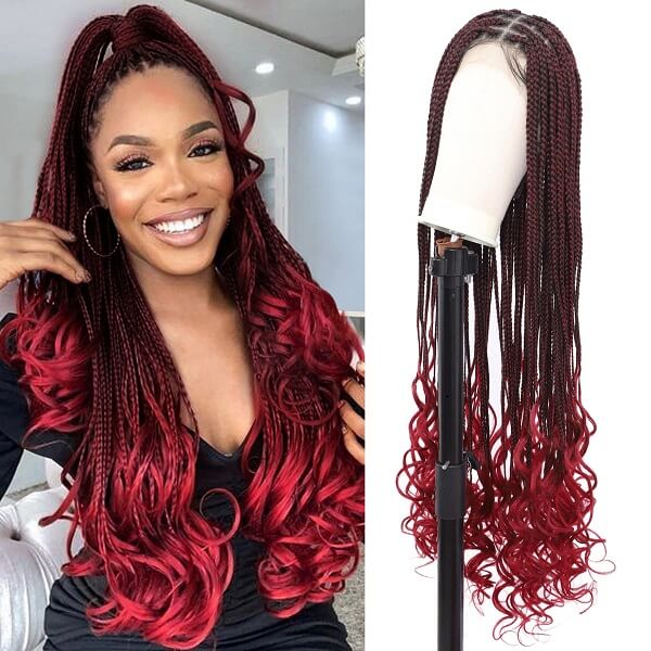 burgundy box braided wig with wavy ends MyBraidedeWig